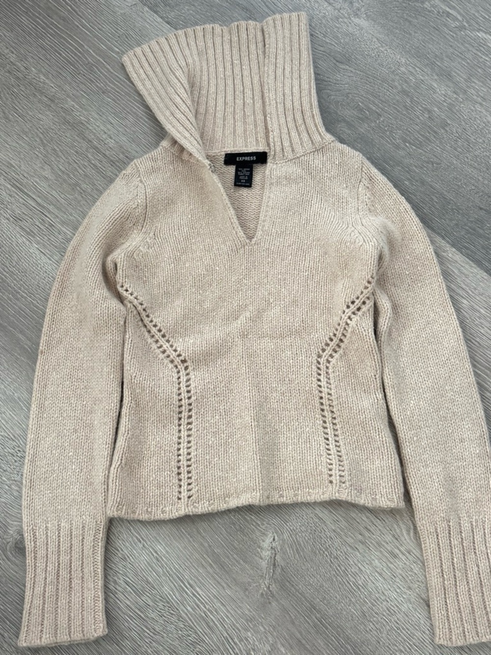 Express Cream Ribbed Funnel Neck Pullover